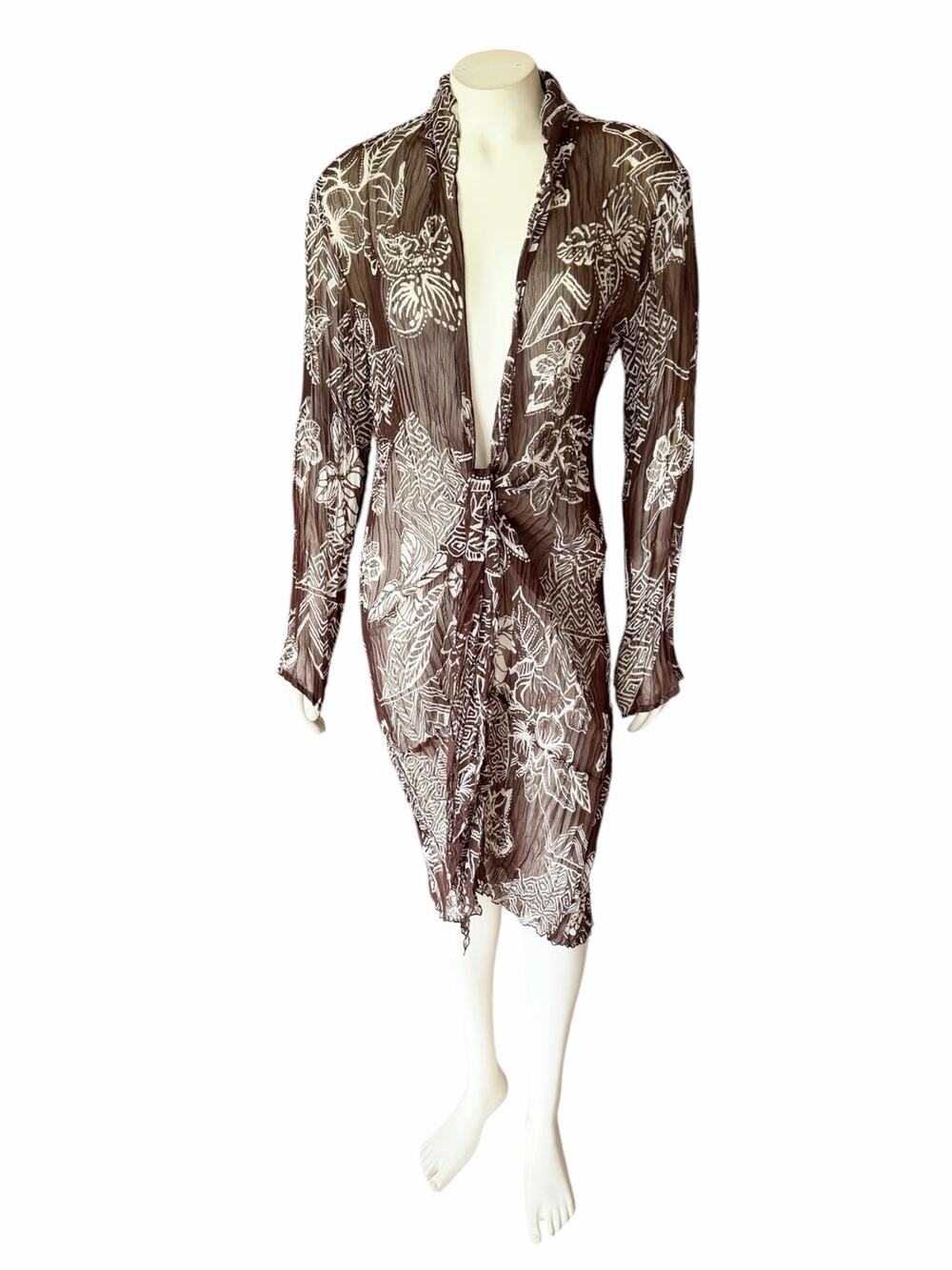 Chico’s brown & cream tropical print semi sheer kimono/cover up/duster Sz 2